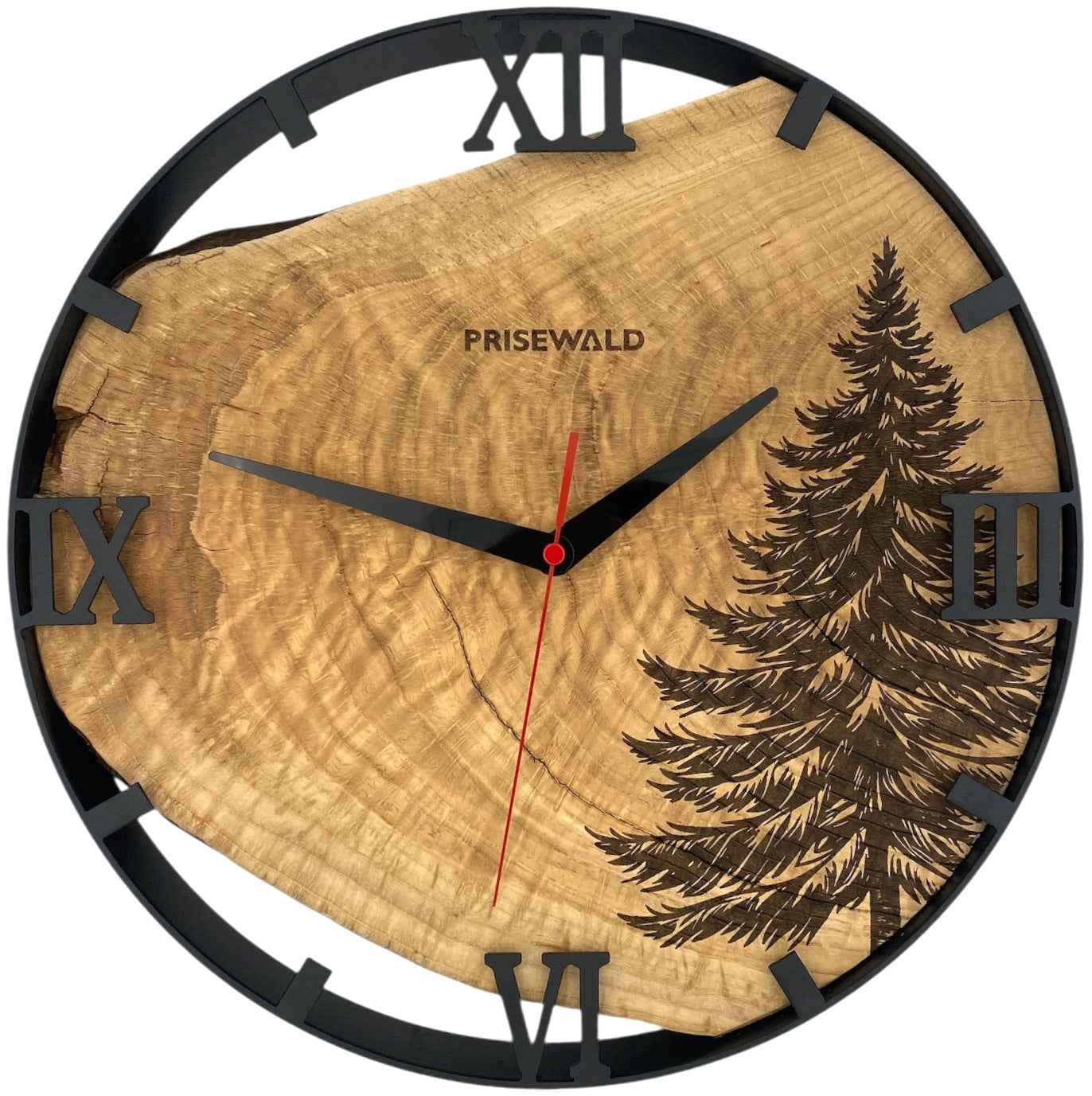 Runde Wanduhr aus Eichenholz, 35 cm, schwarzer Rahmen, römische Ziffern, Nadelbaum