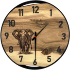 Runde Wanduhr aus Walnussholz, 35 cm, schwarzer Rahmen, arabische Ziffern, Elefant