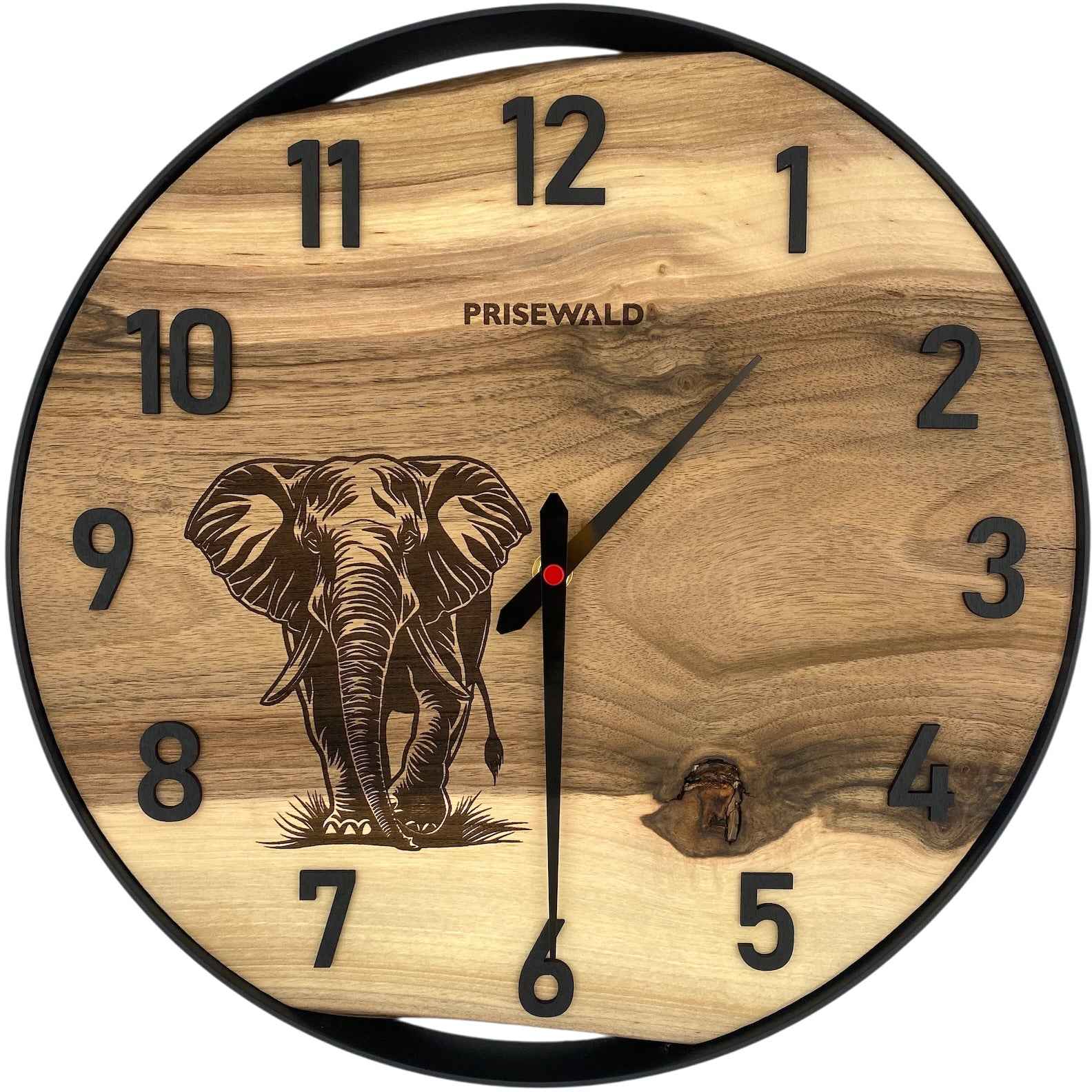 Runde Wanduhr aus Walnussholz, 35 cm, schwarzer Rahmen, arabische Ziffern, Elefant