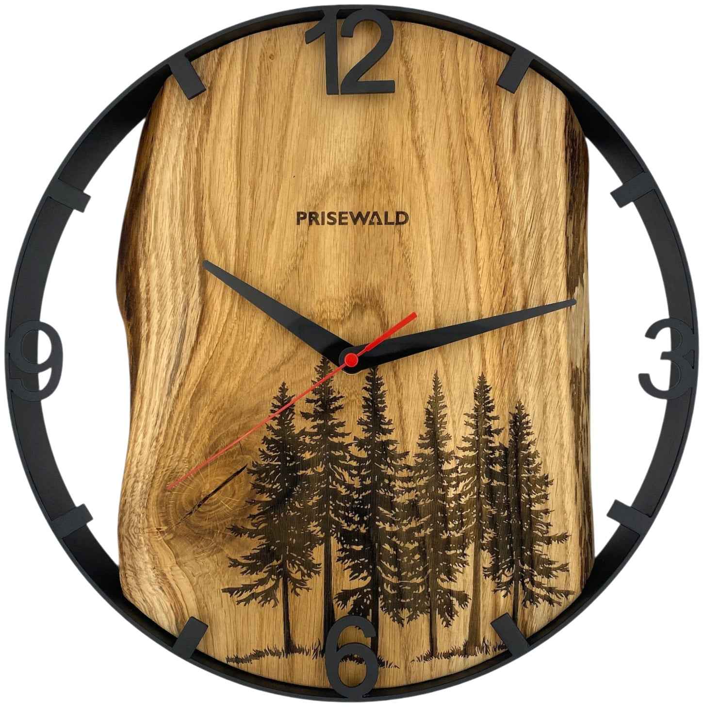 Runde Wanduhr aus Eichenholz, 35 cm, schwarzer Rahmen, arabische Ziffern, Nadelbäume