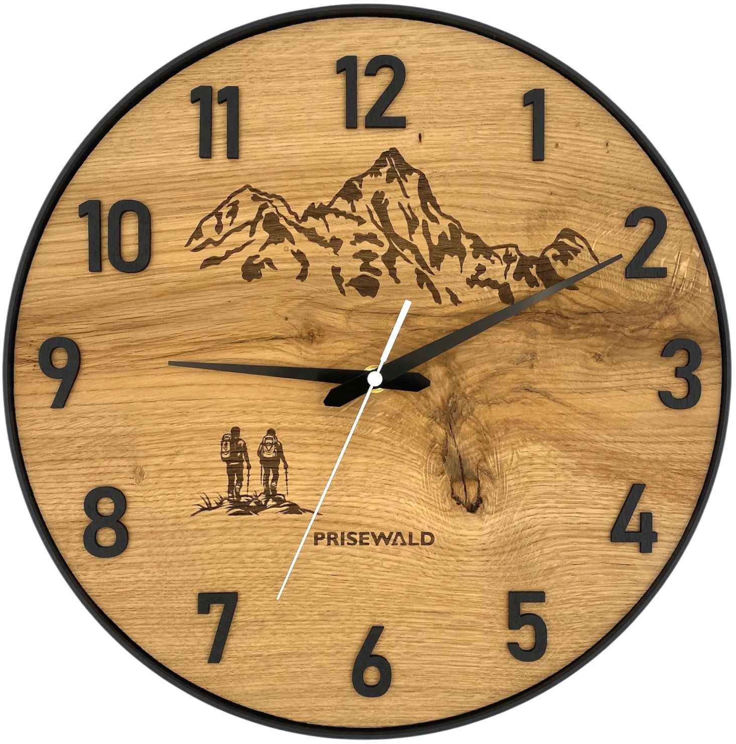 Runde Wanduhr aus Eichenholz, 35 cm, schwarzer Rahmen, arabische Ziffern, Wanderer in den Bergen