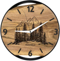 Runde Wanduhr aus Walnussholz, 35 cm, schwarzer Rahmen, arabische Ziffern, Wald und Berge