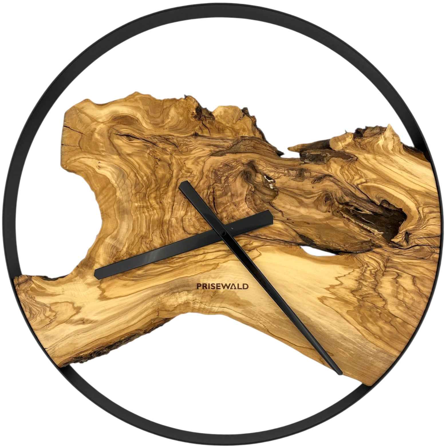Runde Wanduhr aus Olivenholz, 50 cm, schwarzer Rahmen, keine Ziffern