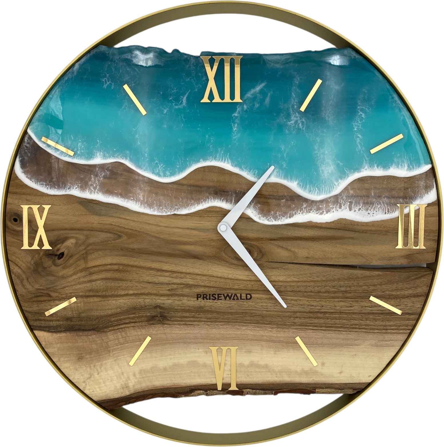 Runde Wanduhr aus Walnussholz, 50 cm, goldener Rahmen, goldene römische Ziffern, blaues Epoxidharz
