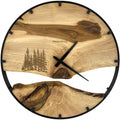 Runde Wanduhr aus Walnussholz, 50 cm, schwarzer Rahmen, Teilstriche Ziffern, Tannenwald