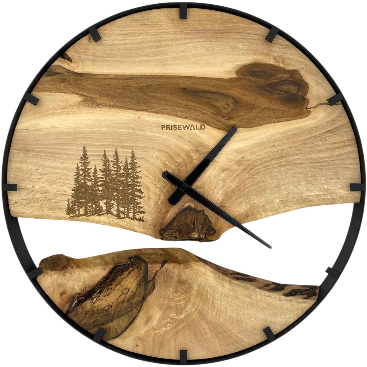 Runde Wanduhr aus Walnussholz, 50 cm, schwarzer Rahmen, Teilstriche Ziffern, Tannenwald