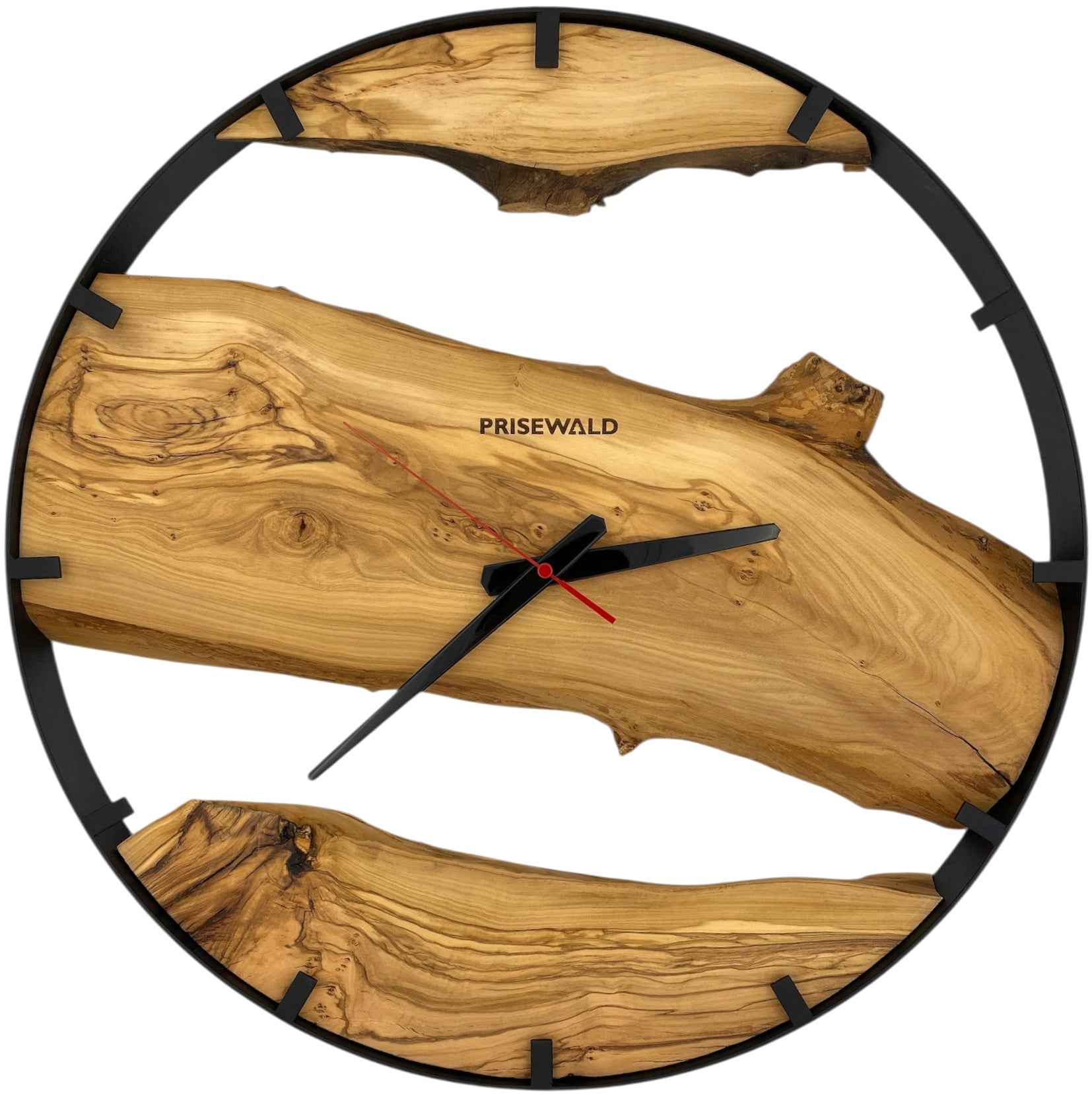 Runde Wanduhr aus Olivenholz, 50 cm, schwarzer Rahmen, Teilstriche Ziffern