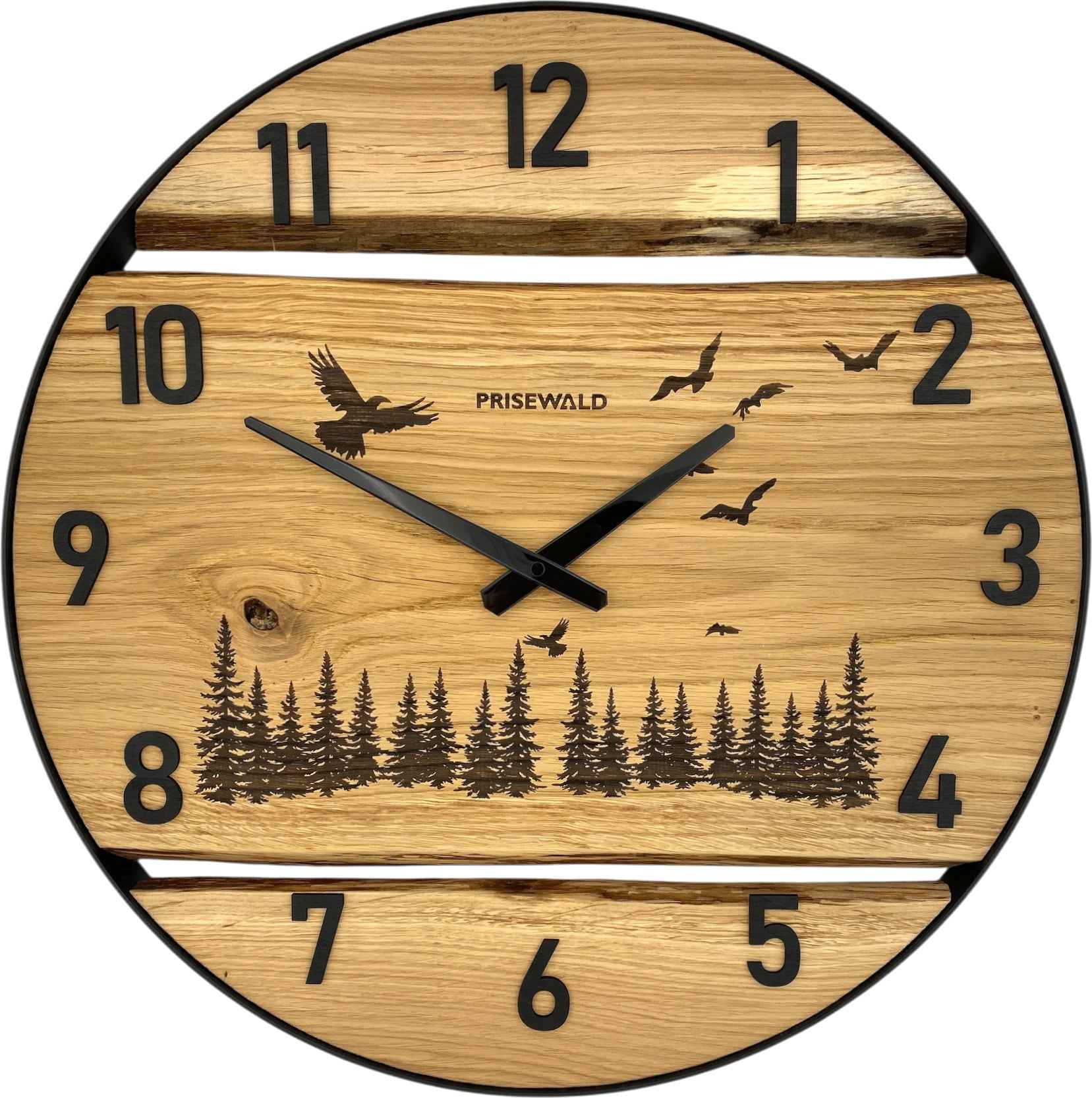 Runde Wanduhr aus Eichenholz, 50 cm, schwarzer Rahmen, arabische Ziffern, Vögel über dem Wald