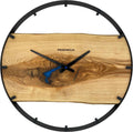 Runde Wanduhr aus Eschenholz, 50 cm, schwarzer Rahmen, Teilstriche Ziffern, blaues Epoxidharz, kleiner See