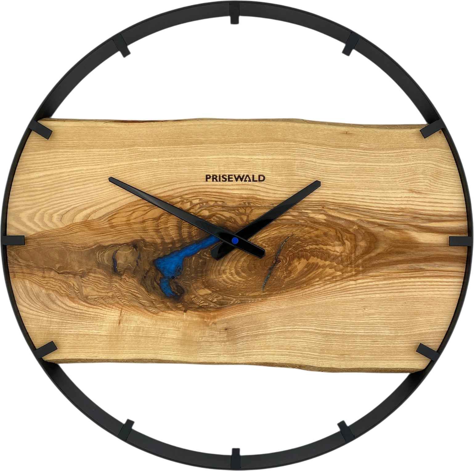 Runde Wanduhr aus Eschenholz, 50 cm, schwarzer Rahmen, Teilstriche Ziffern, blaues Epoxidharz, kleiner See