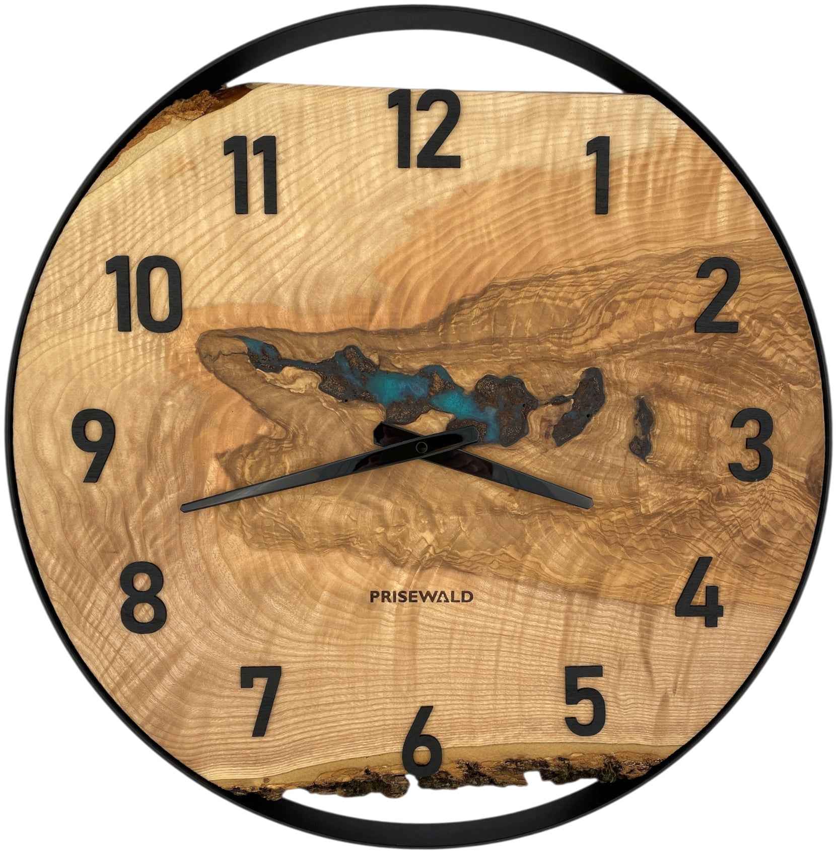 Runde Wanduhr aus Eschenholz, 50 cm, schwarzer Rahmen, arabische Ziffern, türkises Epoxidharz, kleiner See