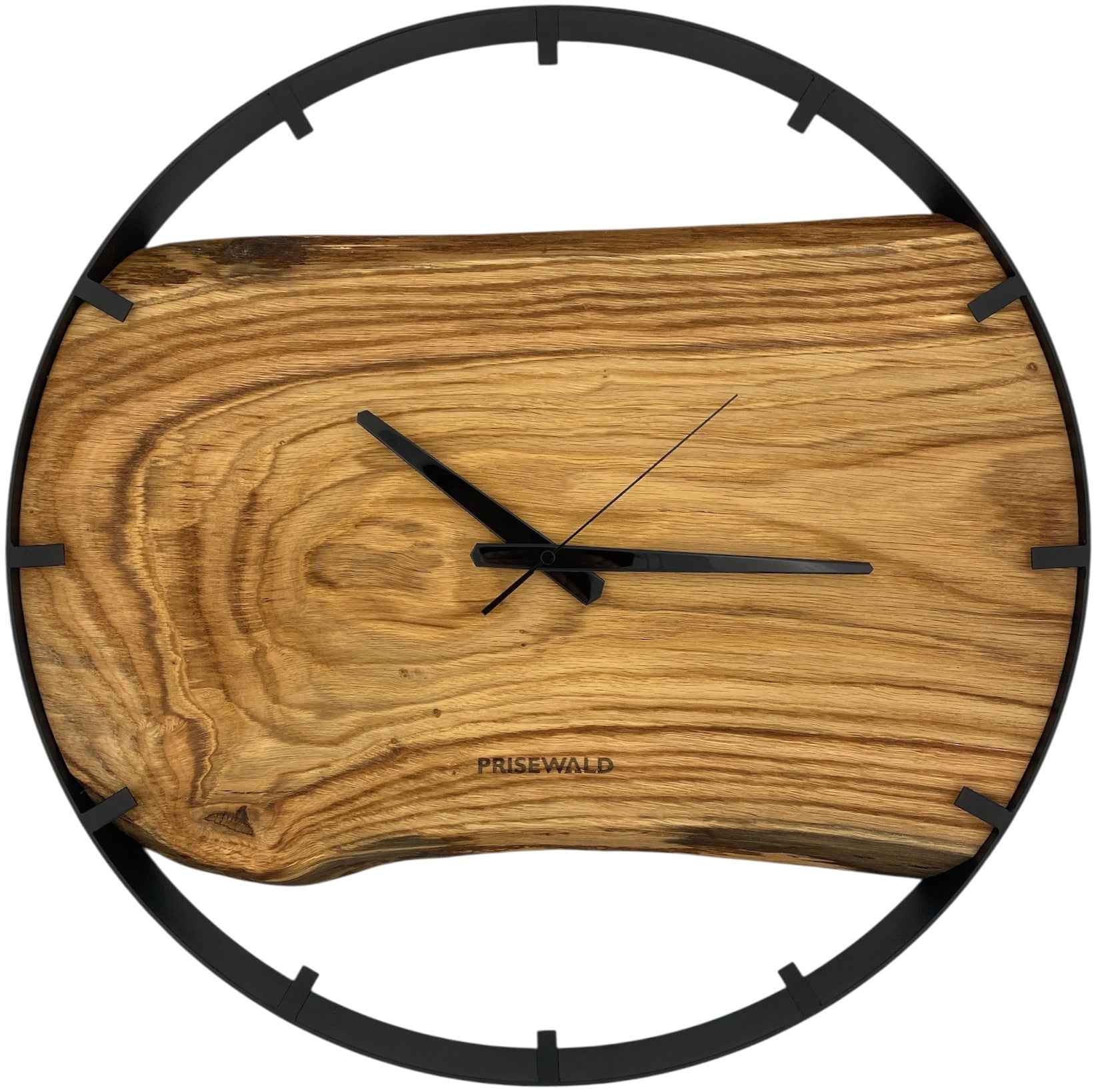 Runde Wanduhr aus Eichenholz, 50 cm, schwarzer Rahmen, Teilstriche Ziffern