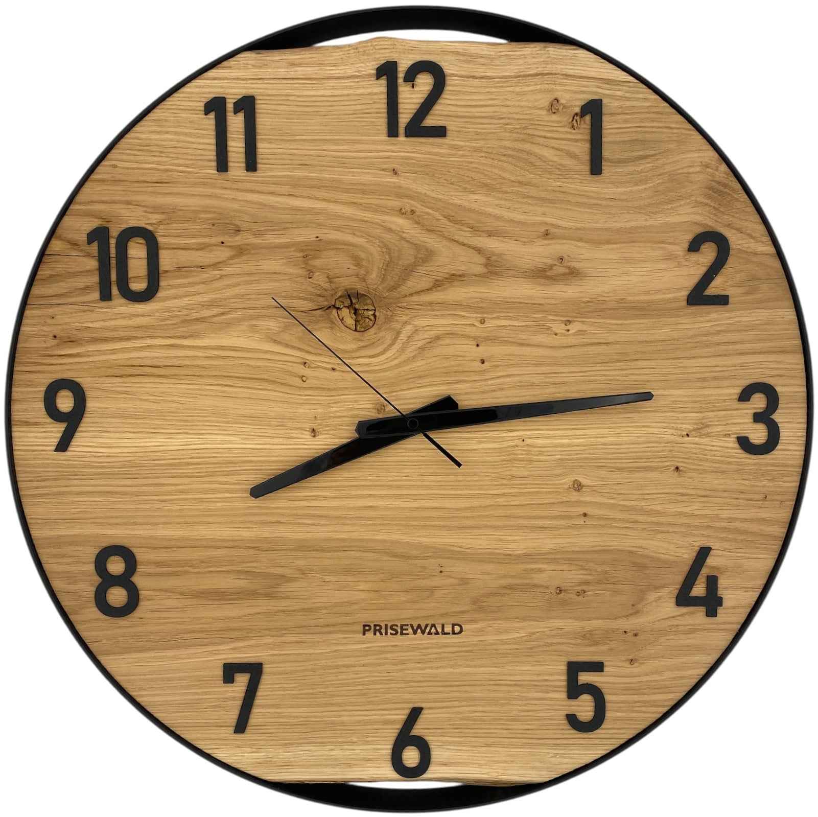 Runde Wanduhr aus Eichenholz, 50 cm, schwarzer Rahmen, arabische Ziffern