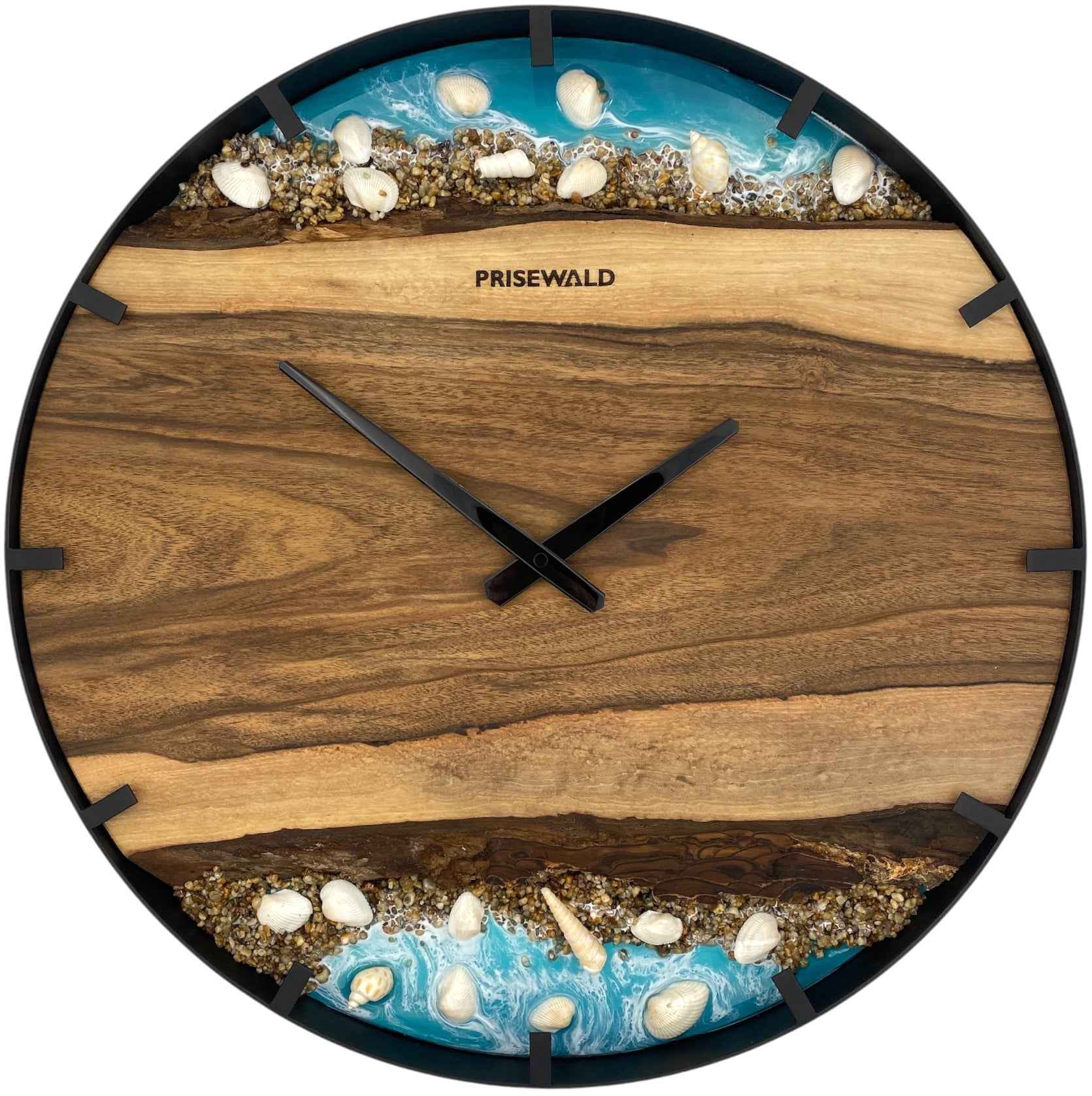 Runde Wanduhr aus Walnussholz, 50 cm, schwarzer Rahmen, Teilstriche Ziffern, türkises Epoxidharz, Steine, Muscheln