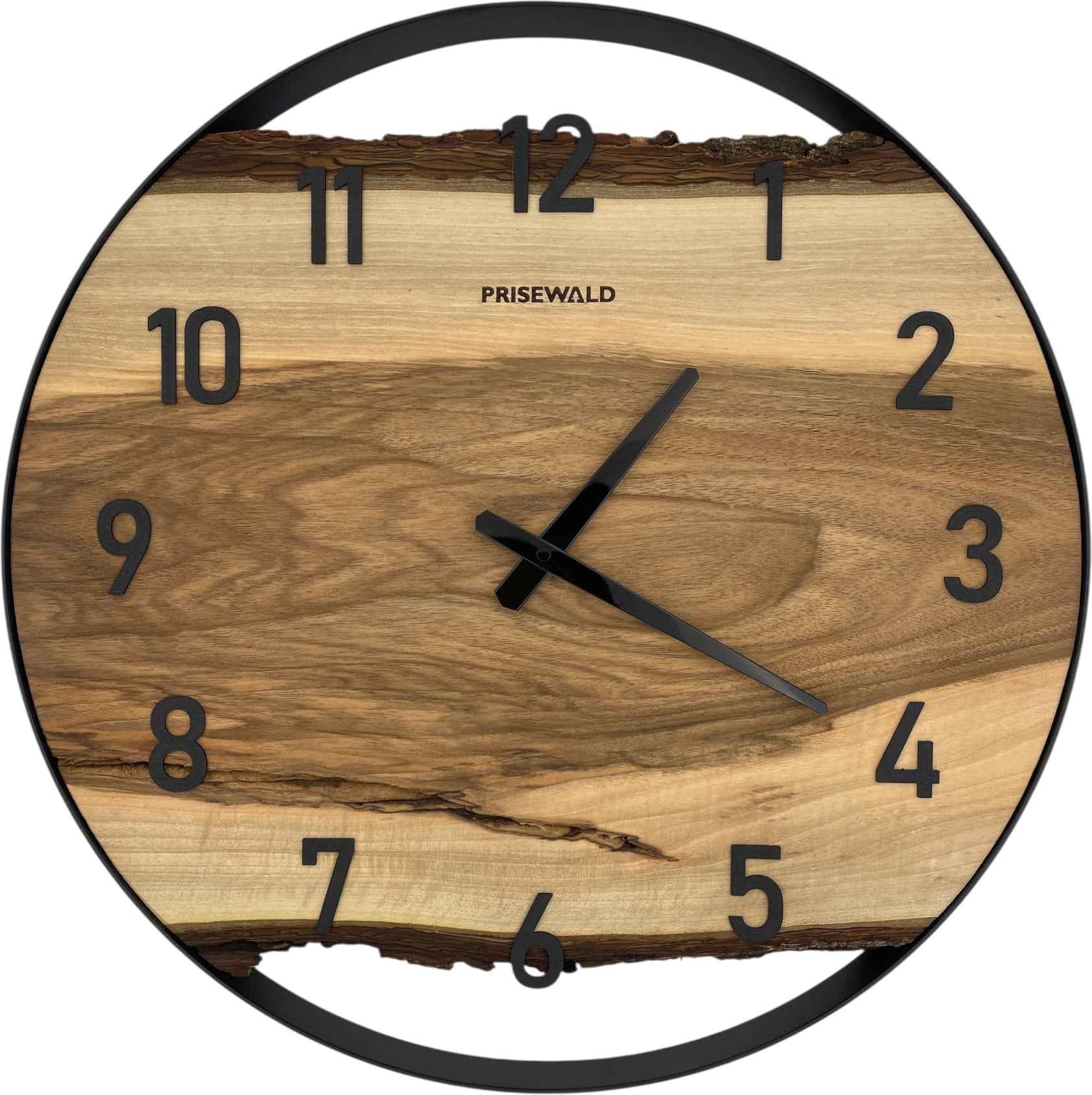 Runde Wanduhr aus Walnussholz, 50 cm, schwarzer Rahmen, arabische Ziffern