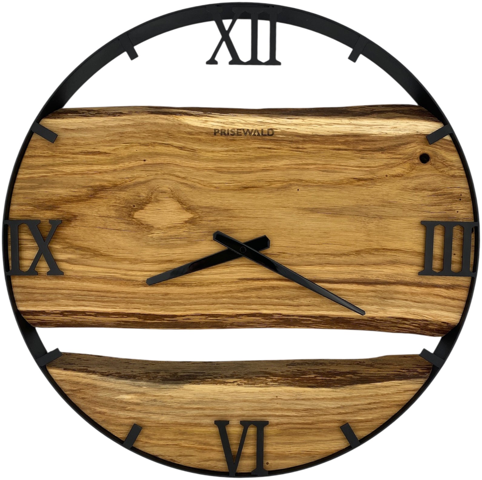 Runde Wanduhr aus Eichenholz, 50 cm, schwarzer Rahmen, römische Ziffern