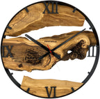 Round wall clock made of olive wood, 50 cm, black frame, Roman numerals