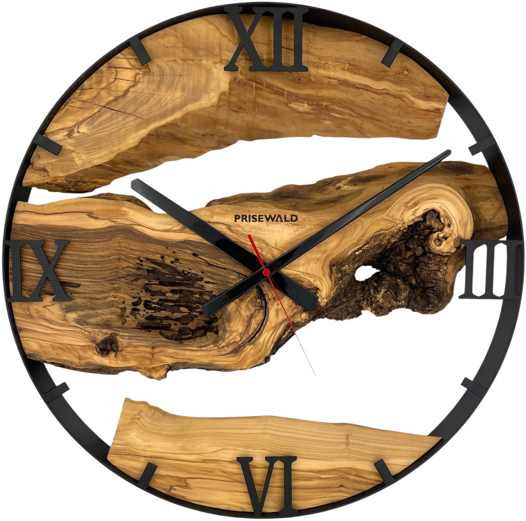 Round wall clock made of olive wood, 50 cm, black frame, Roman numerals