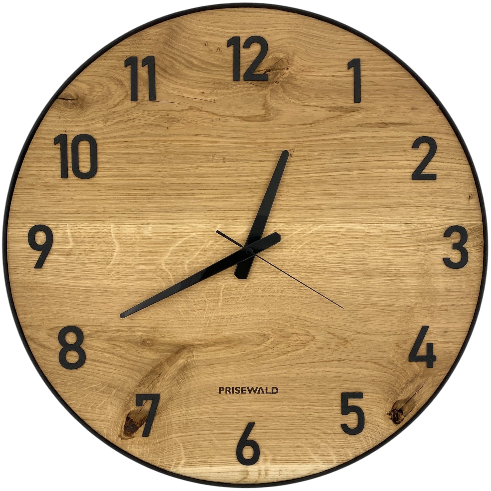 Runde Wanduhr aus Eichenholz, 50 cm, schwarzer Rahmen, arabische Ziffern