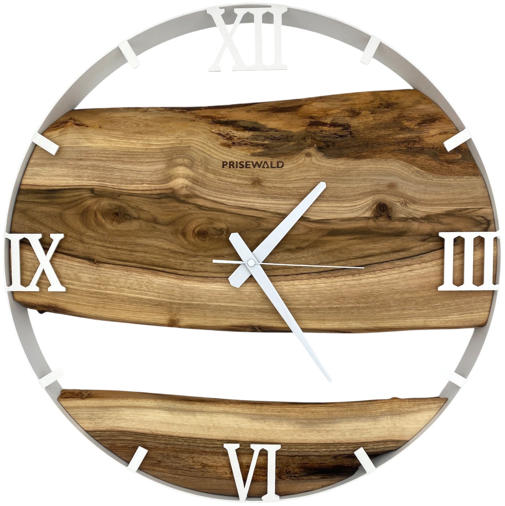 Round wall clock made of walnut wood, 50 cm, white frame, Roman numerals