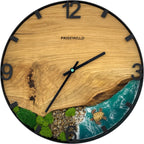 Horloge murale ronde en chêne, 50 cm, cadre noir, graduations chiffrées, résine époxy turquoise, mousse verte