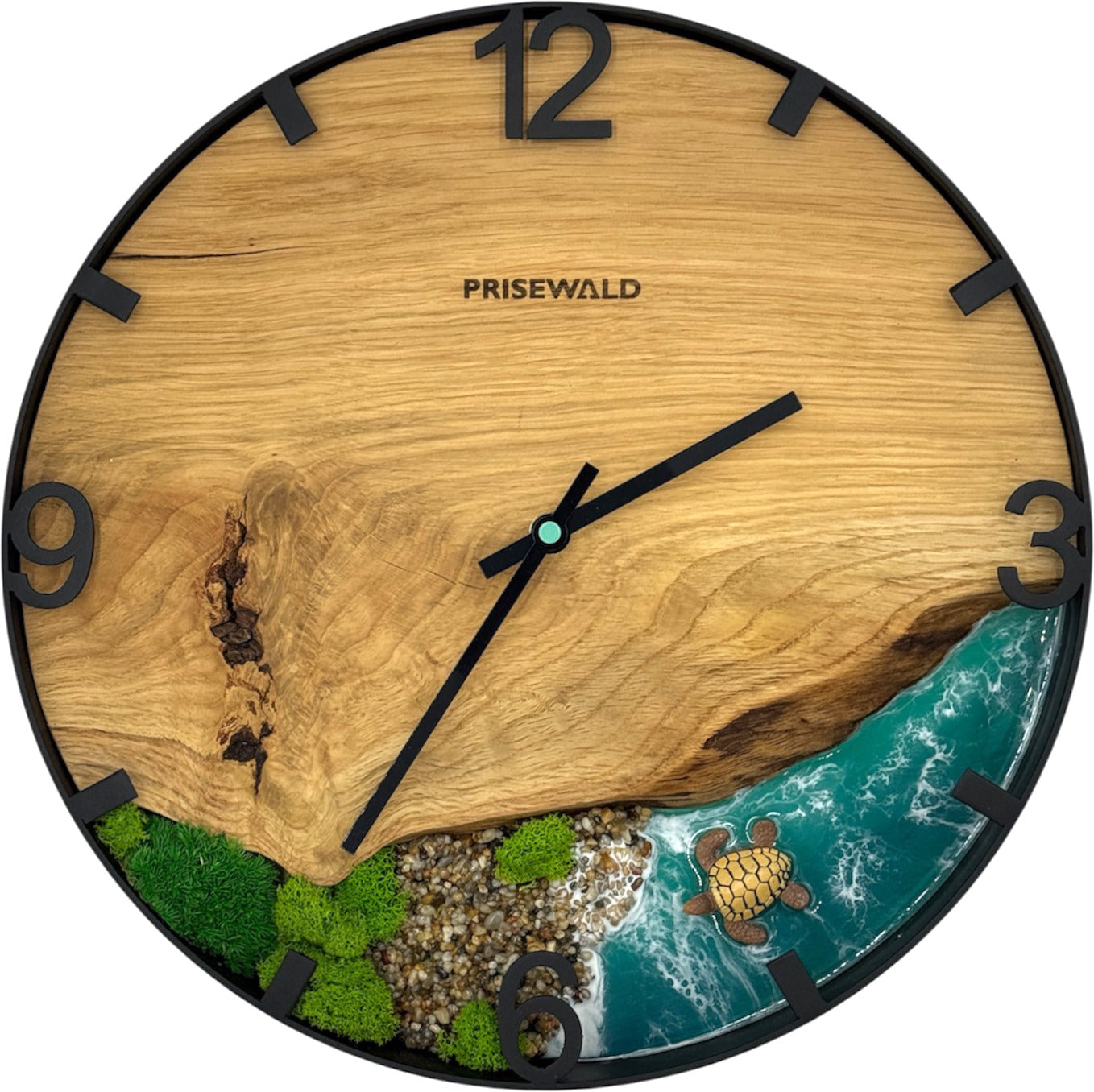 Horloge murale ronde en chêne, 50 cm, cadre noir, graduations chiffrées, résine époxy turquoise, mousse verte