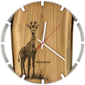 Runde Wanduhr aus Eichenholz, 35 cm, weisser Rahmen, Teilstriche Ziffern, Giraffe