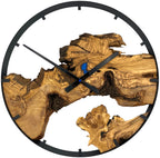 Runde Wanduhr aus Olivenholz, 50 cm, schwarzer Rahmen, Teilstriche Ziffern, blaues Epoxidharz, kleiner See