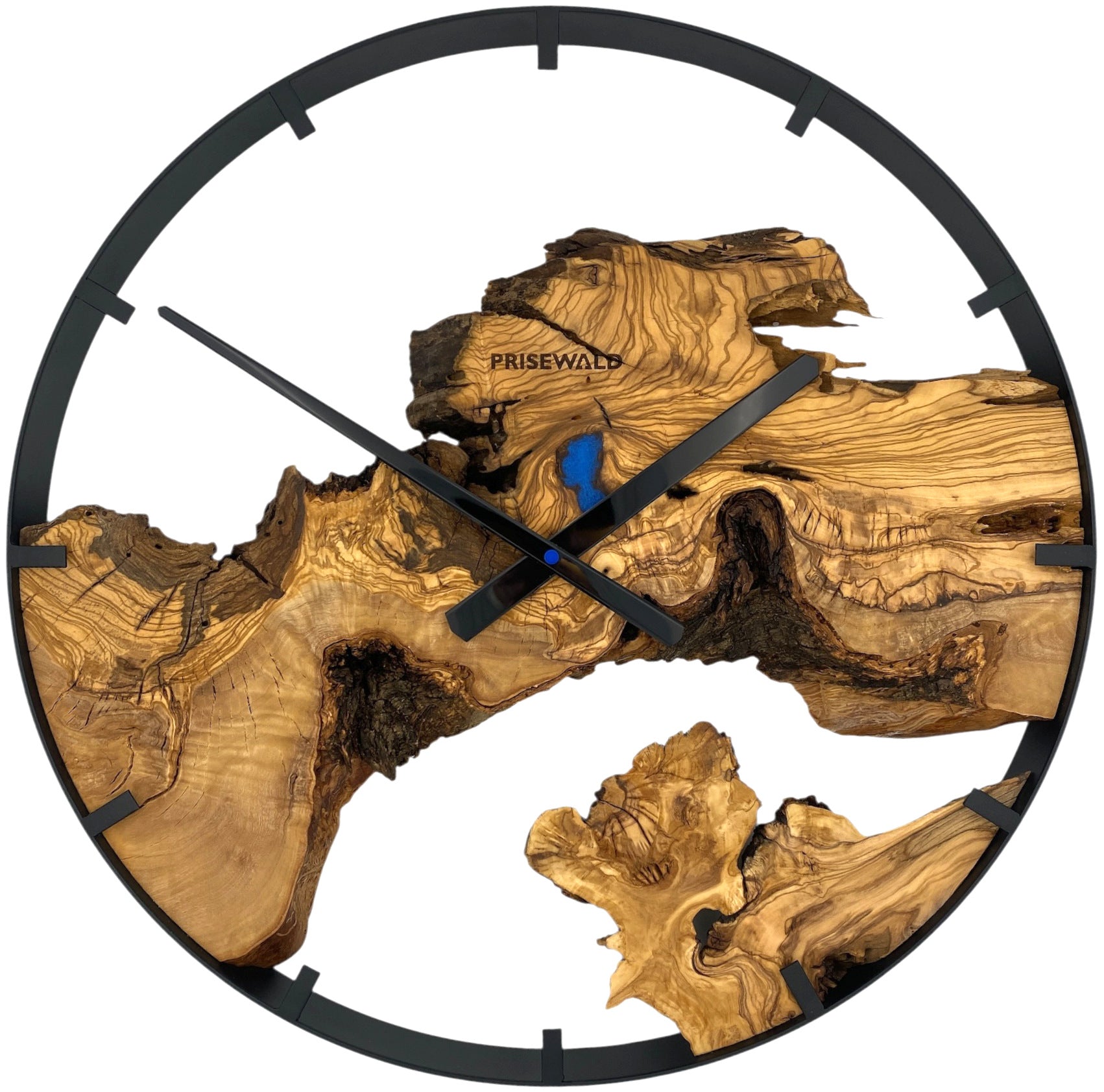 Runde Wanduhr aus Olivenholz, 50 cm, schwarzer Rahmen, Teilstriche Ziffern, blaues Epoxidharz, kleiner See