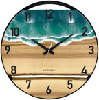 Runde Wanduhr aus Eschenholz, 50 cm, schwarzer Rahmen, arabische Ziffern, türkises Epoxidharz