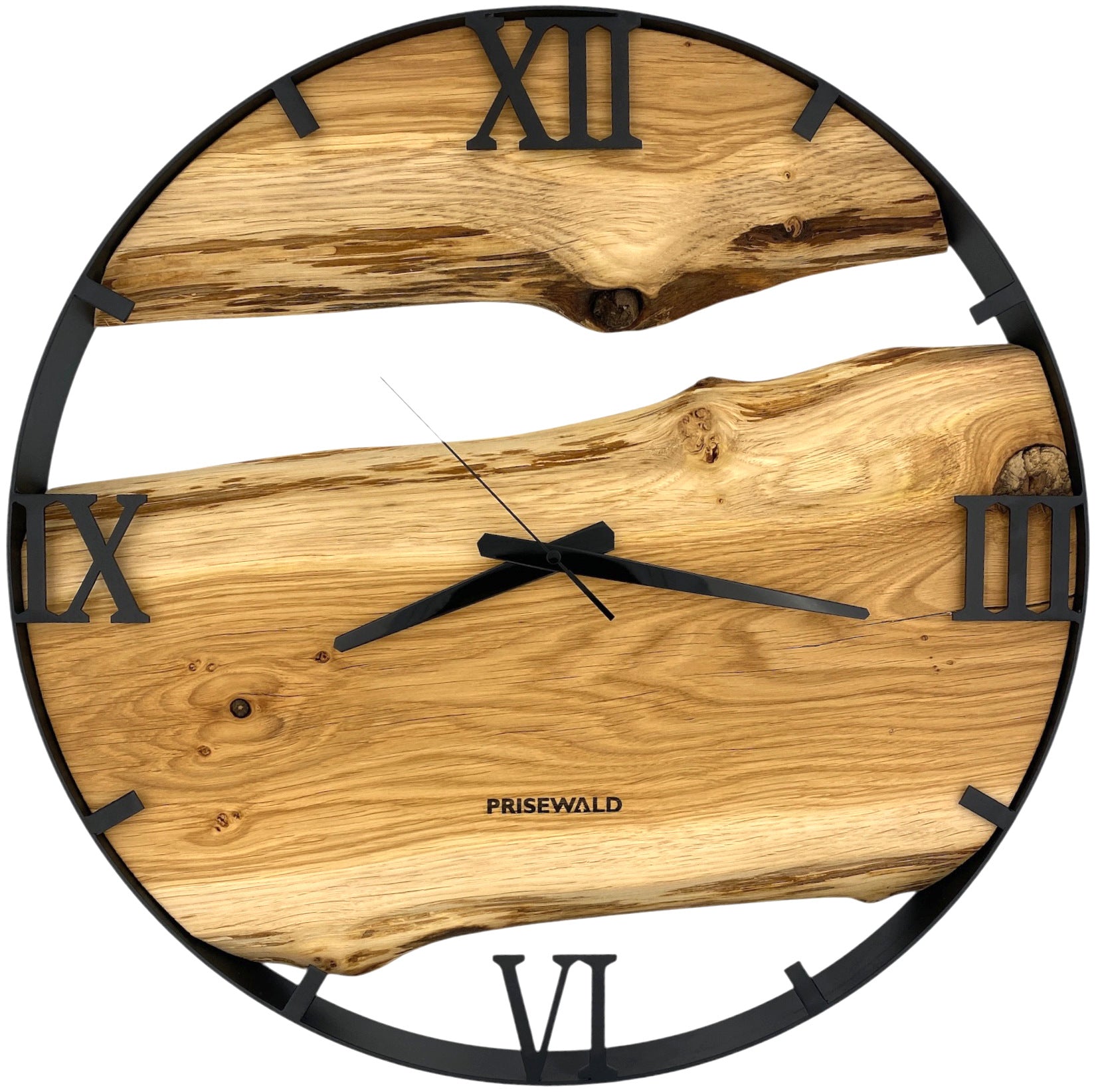 Runde Wanduhr aus Eichenholz, 50 cm, schwarzer Rahmen, römische Ziffern