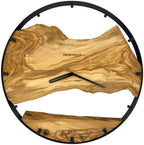 Round wall clock made of olive wood, 35 cm, black frame, graduations, numerals, Kalashnikov AK-47, cartridges