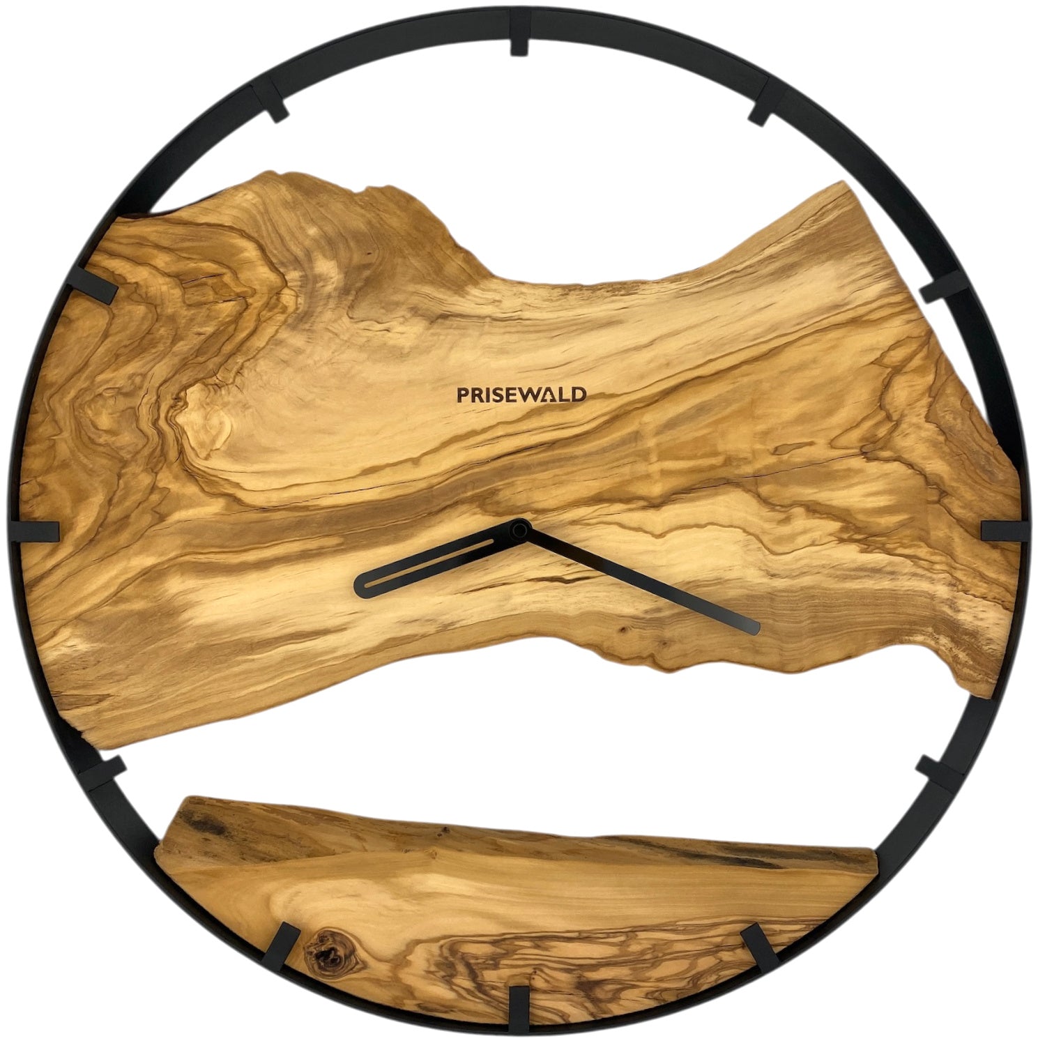 Round wall clock made of olive wood, 35 cm, black frame, graduations, numerals, Kalashnikov AK-47, cartridges