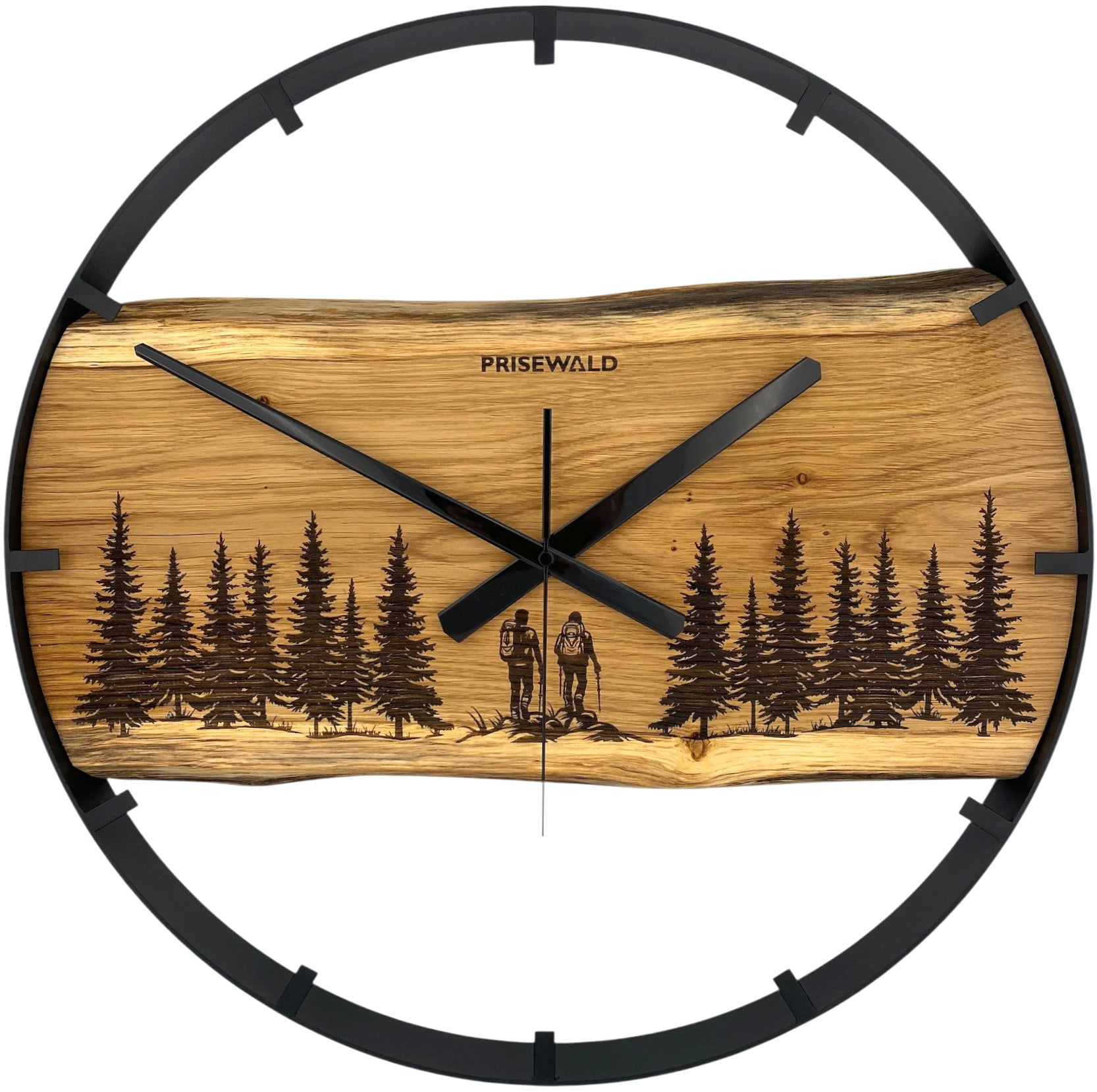 Runde Wanduhr aus Eichenholz, 50 cm, schwarzer Rahmen, Teilstriche Ziffern, Wanderer im Wald