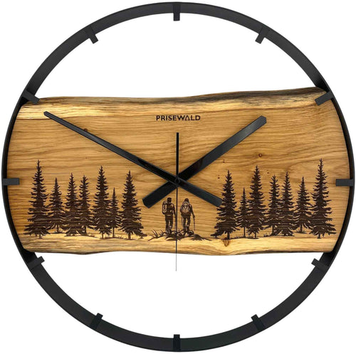 Runde Wanduhr aus Eichenholz, 50 cm, schwarzer Rahmen, Teilstriche Ziffern, Wanderer im Wald