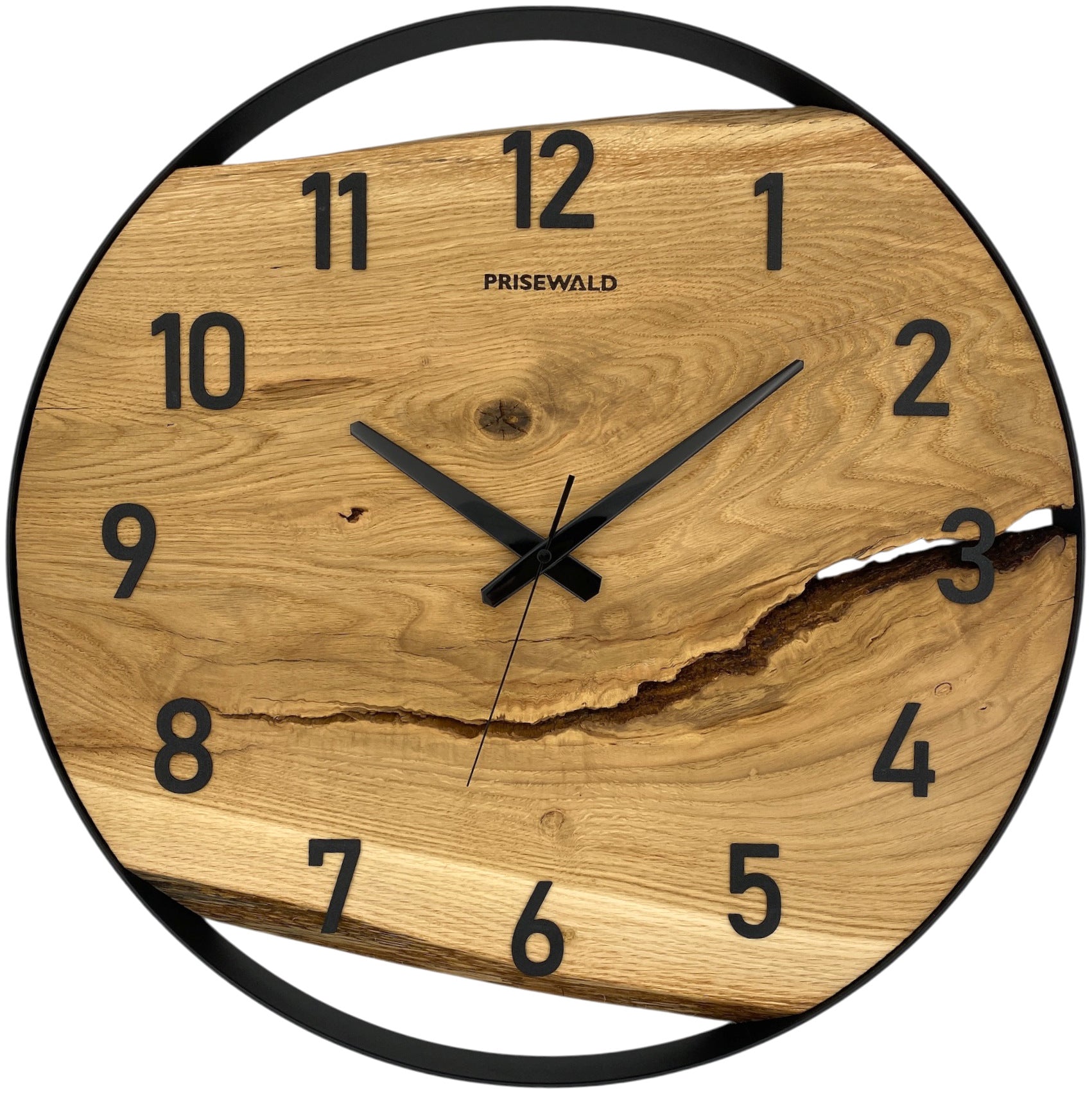 Runde Wanduhr aus Eichenholz, 50 cm, schwarzer Rahmen, arabische Ziffern, klassische Uhr