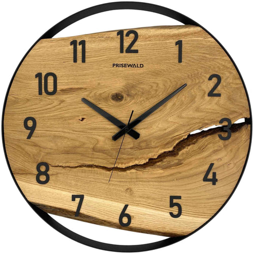 Runde Wanduhr aus Eichenholz, 50 cm, schwarzer Rahmen, arabische Ziffern, klassische Uhr