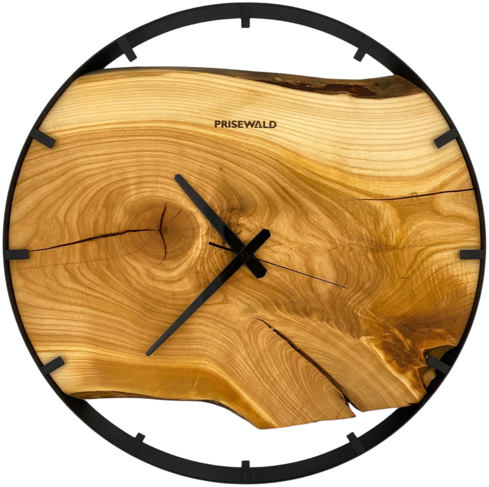 Runde Wanduhr aus Eschenholz, 50 cm, schwarzer Rahmen, Teilstriche Ziffern
