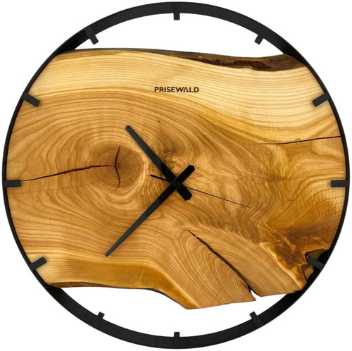 Runde Wanduhr aus Eschenholz, 50 cm, schwarzer Rahmen, Teilstriche Ziffern