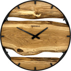 Runde Wanduhr aus Eichenholz, 50 cm, schwarzer Rahmen, Teilstriche Ziffern