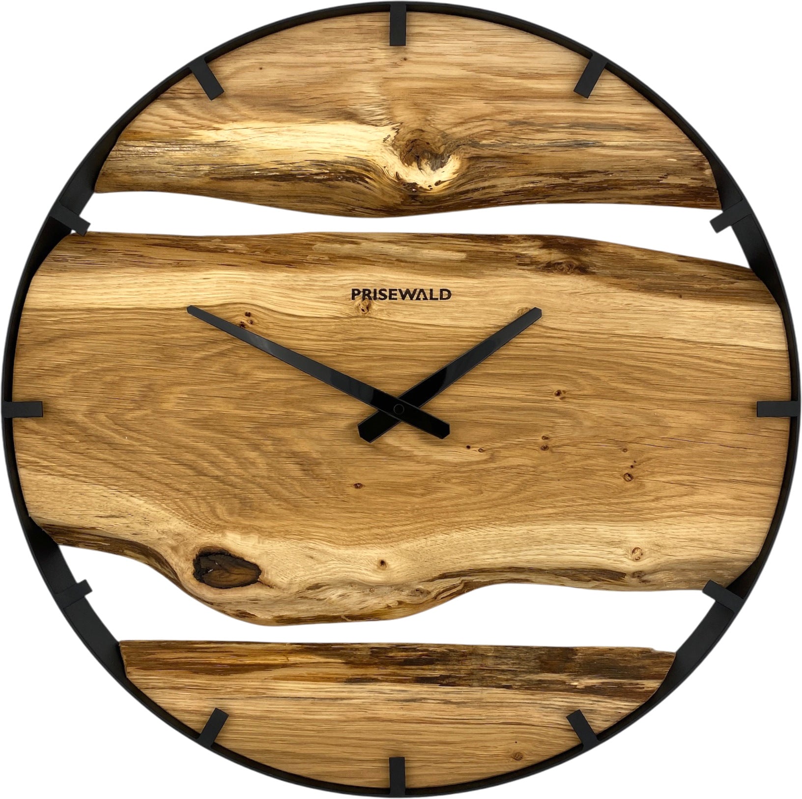 Runde Wanduhr aus Eichenholz, 50 cm, schwarzer Rahmen, Teilstriche Ziffern