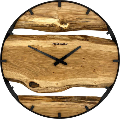 Runde Wanduhr aus Eichenholz, 50 cm, schwarzer Rahmen, Teilstriche Ziffern