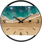 Runde Wanduhr aus Eschenholz, 50 cm, schwarzer Rahmen, arabische Ziffern, türkises Epoxidharz