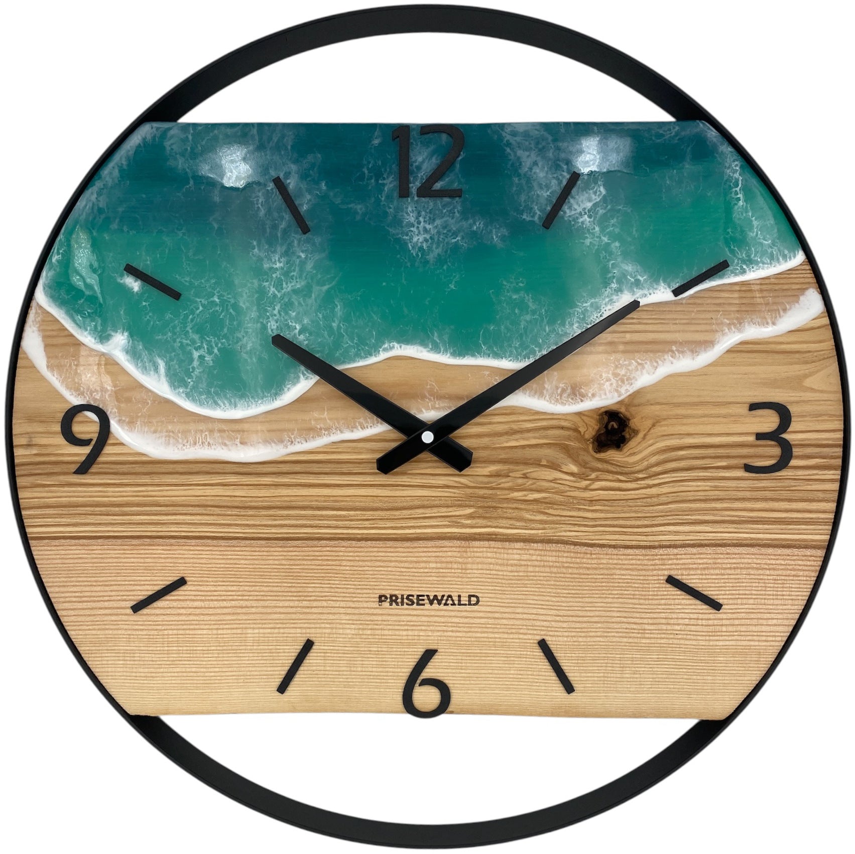 Runde Wanduhr aus Eschenholz, 50 cm, schwarzer Rahmen, arabische Ziffern, türkises Epoxidharz