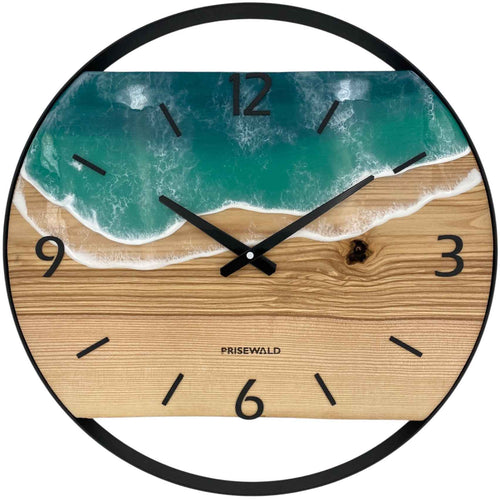 Runde Wanduhr aus Eschenholz, 50 cm, schwarzer Rahmen, arabische Ziffern, türkises Epoxidharz