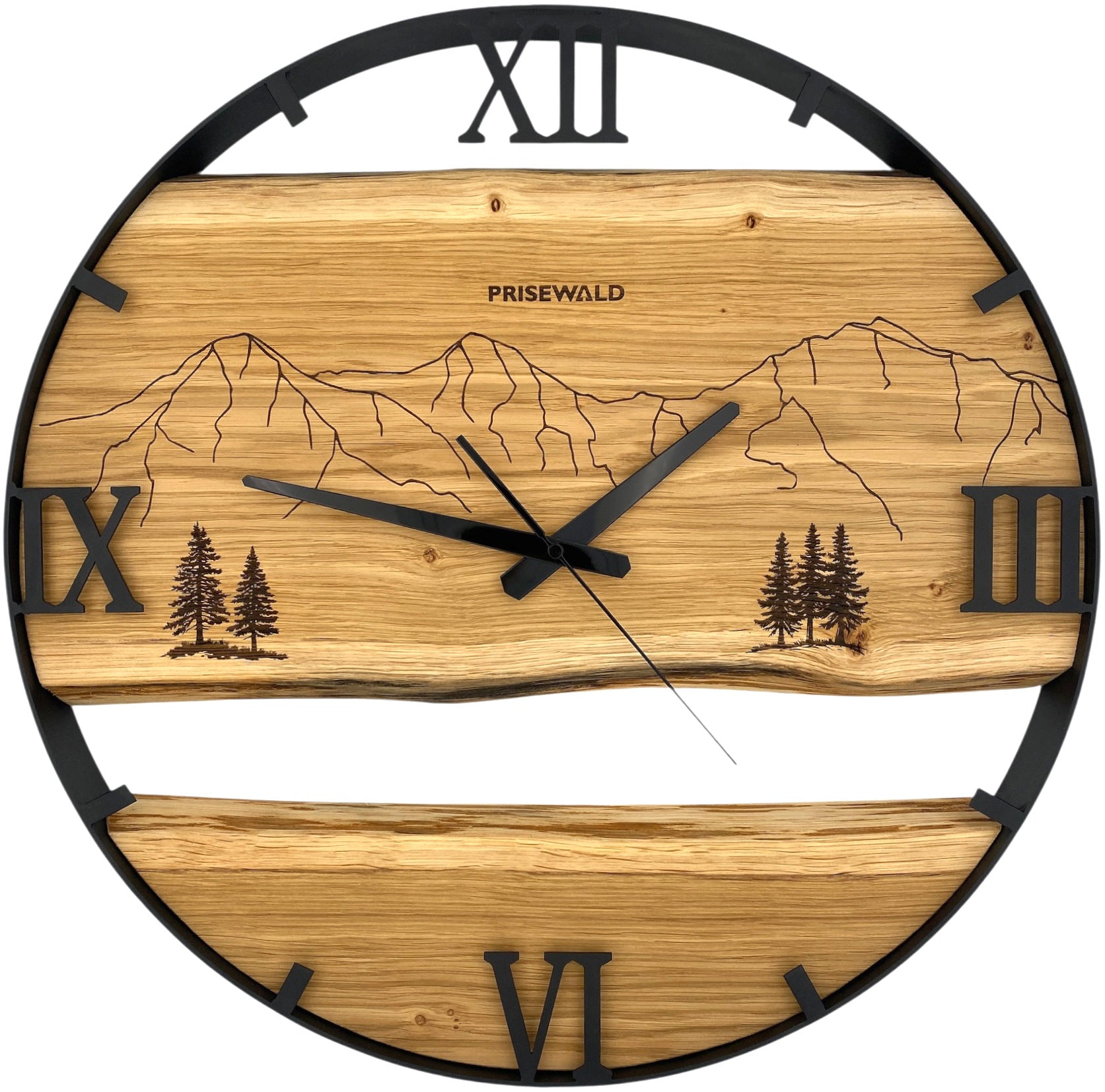 Runde Wanduhr aus Eichenholz, 50 cm, schwarzer Rahmen, römische Ziffern, Jungfrau Region, Nadelbäume