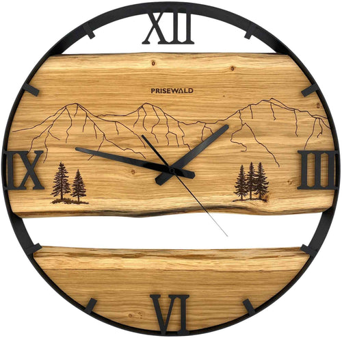 Runde Wanduhr aus Eichenholz, 50 cm, schwarzer Rahmen, römische Ziffern, Jungfrau Region, Nadelbäume