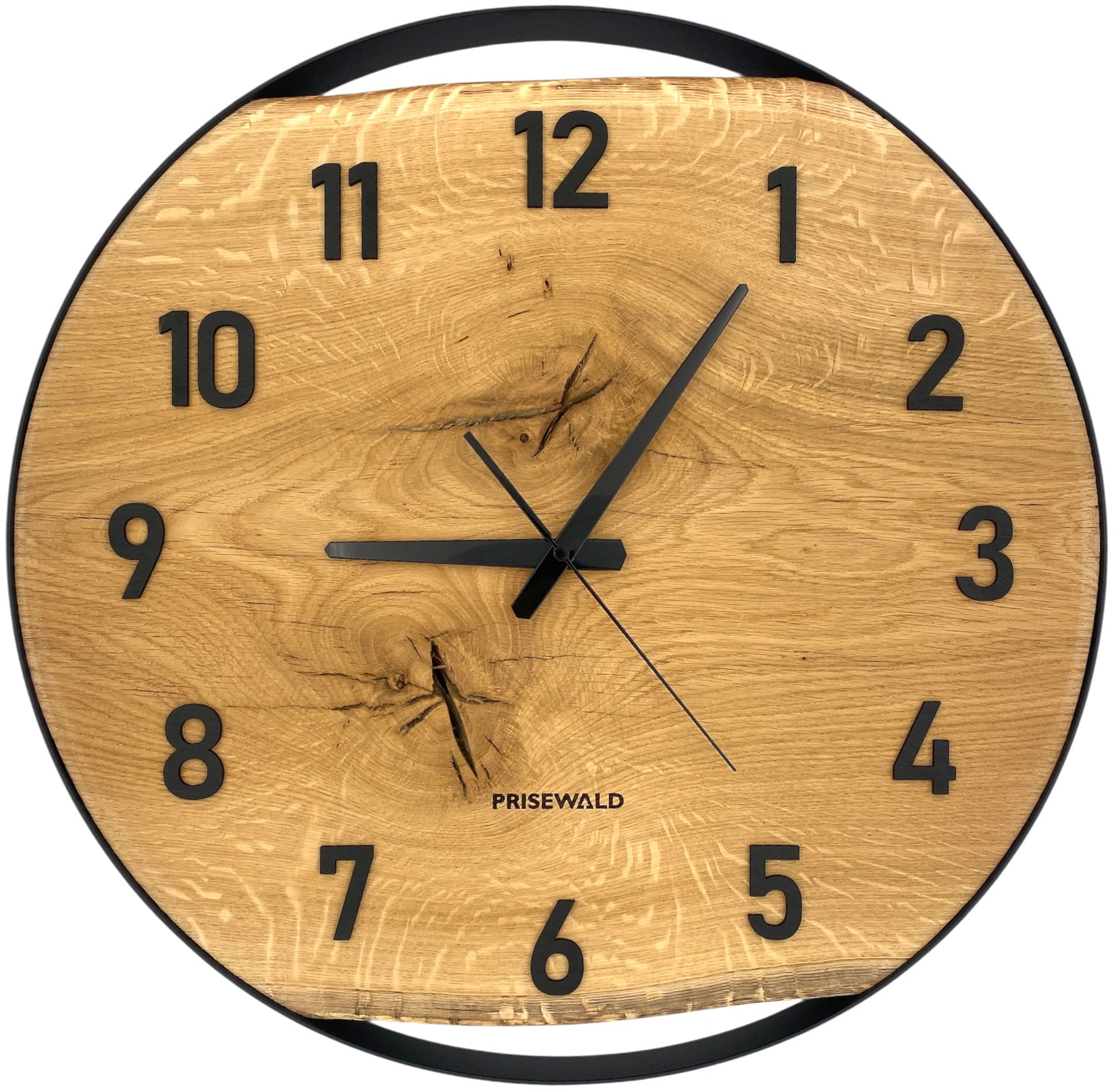 Runde Wanduhr aus Eichenholz, 50 cm, schwarzer Rahmen, arabische Ziffern, klassische Uhr