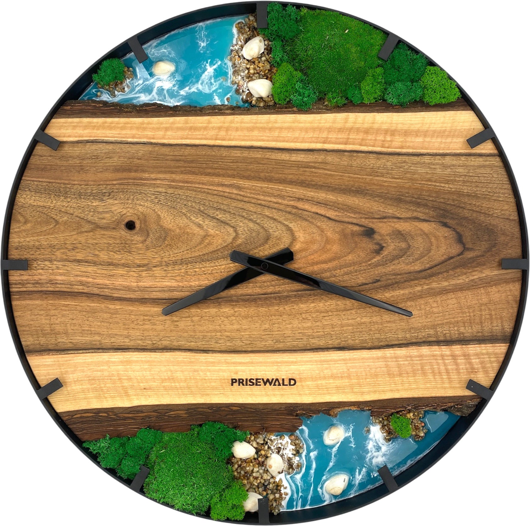 Runde Wanduhr aus Walnussholz, 50 cm, schwarzer Rahmen, Teilstriche Ziffern, grünes Moos, türkises Epoxidharz, Steine, Muscheln