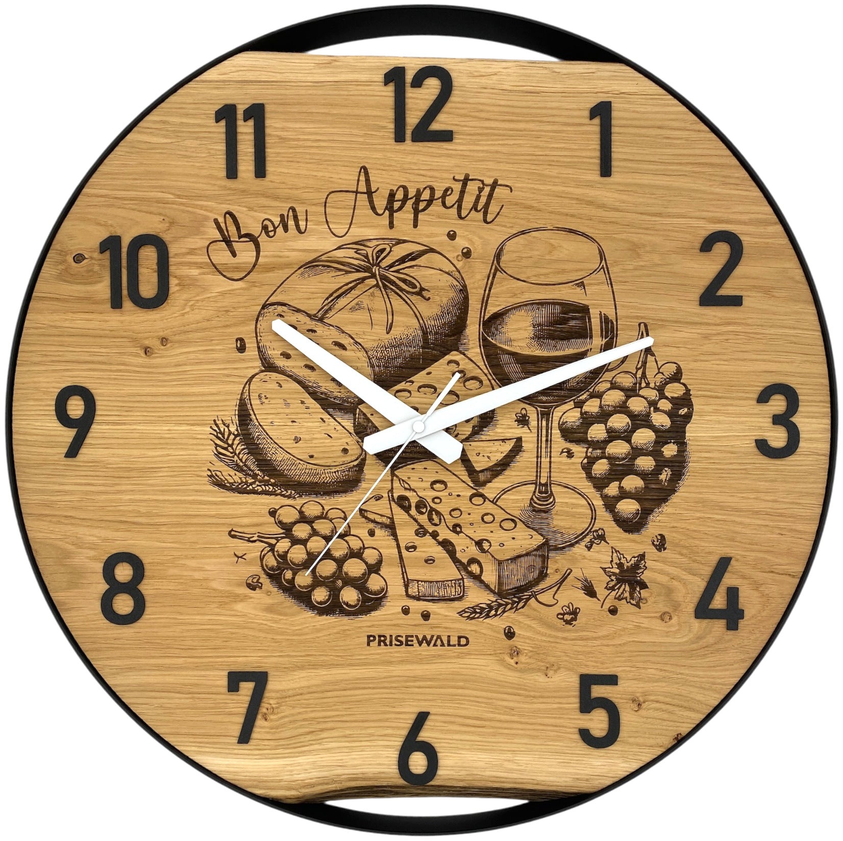Runde Wanduhr aus Eichenholz, 50 cm, schwarzer Rahmen, arabische Ziffern, Käseplatte und Wein